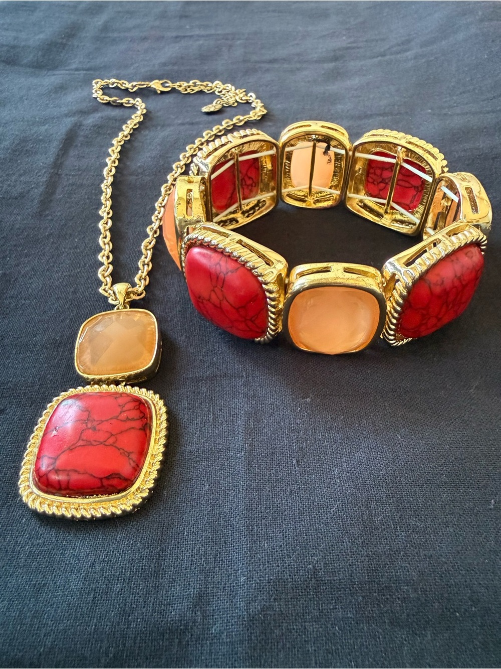 Vintage Monet Set Gold Tone W/Red & Orange Stones Necklace and Stretch Bracelet